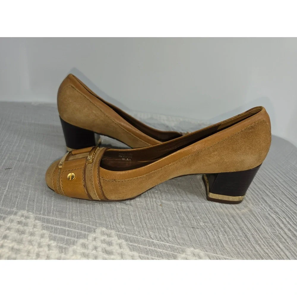 Tory Burch Tan Leather Suede Block Heel Buckle Pumps Gold Hardware Size 5M